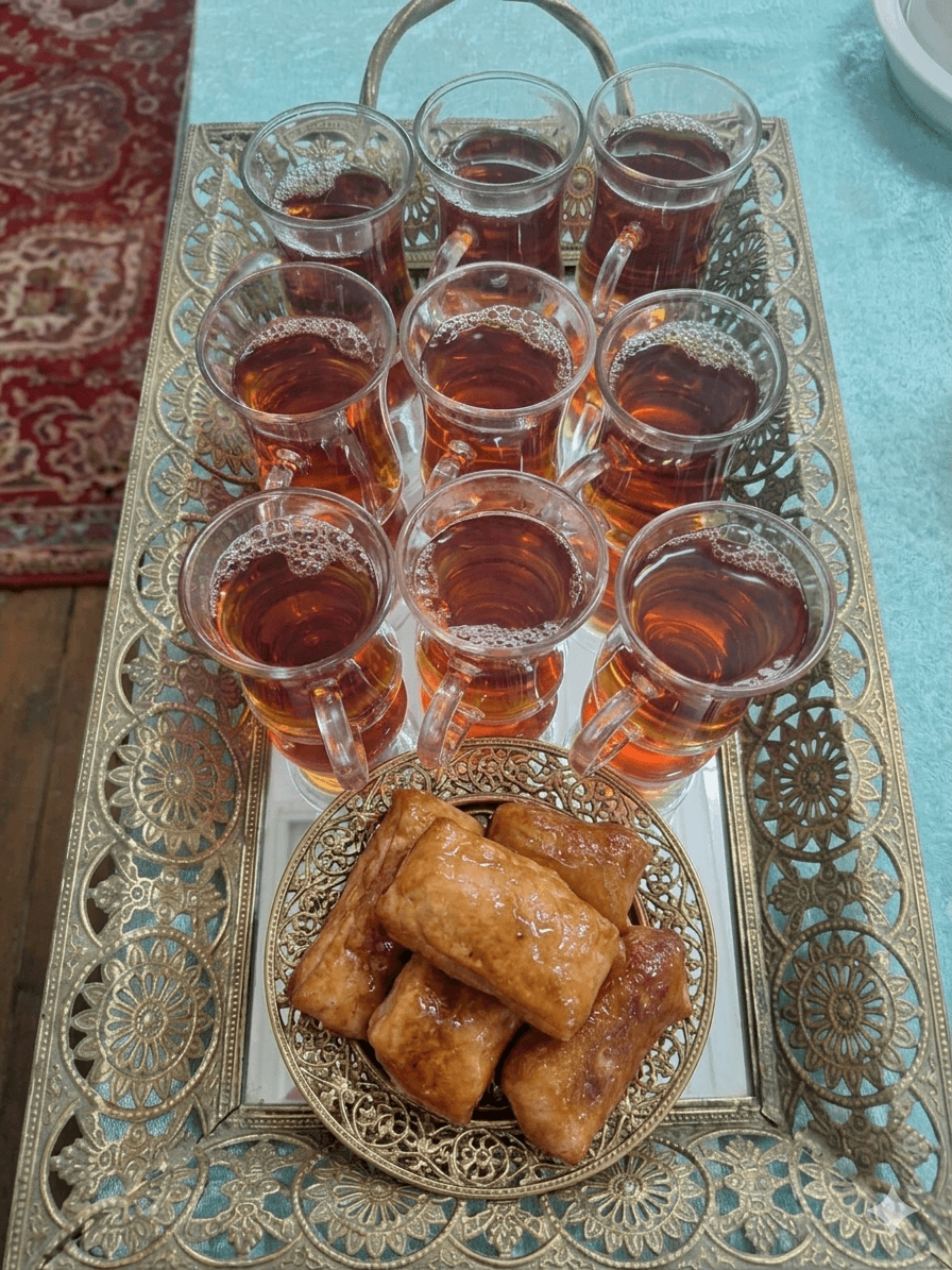 Tea and pastry — a brass tray with Persian tea glasses alongside a small bowl of golden cham-cham
